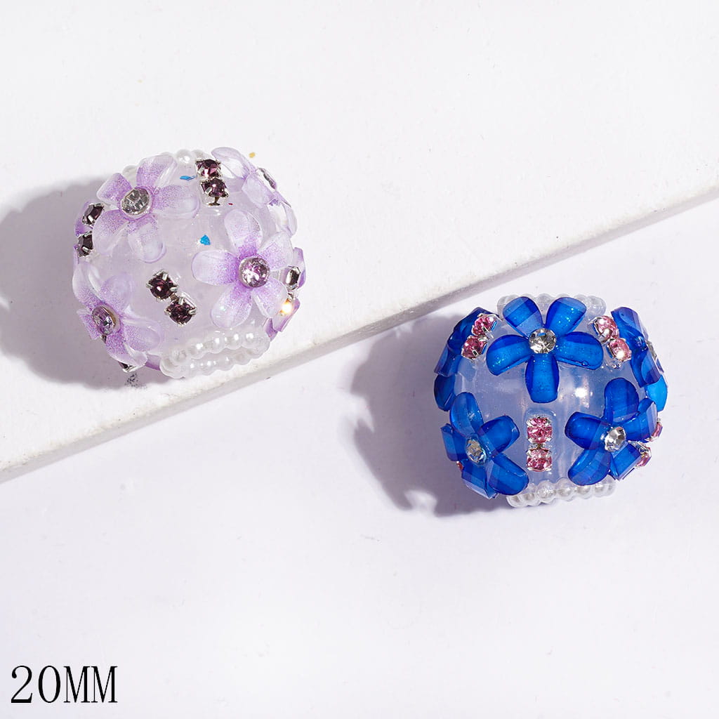 Handmade Acrylic Beads Five-Petaled Flower with Clear Rhinestones, White Pearl and Short Rhinestones Chains, 20MM Multi-Color Random Mix
