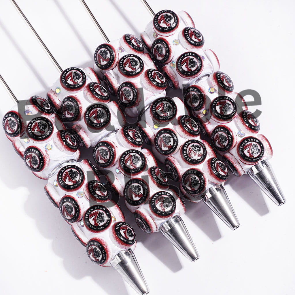 Beadable Clay Pens with AB Rhinestones and Text "7B", Coffee Style
