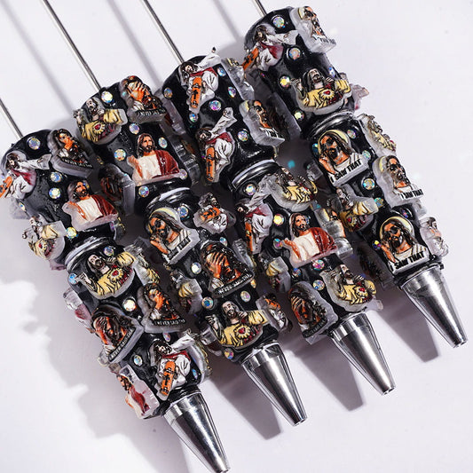 Various Style Jesus and AB Rhinestones Beadable Clay Pens, Religious Theme