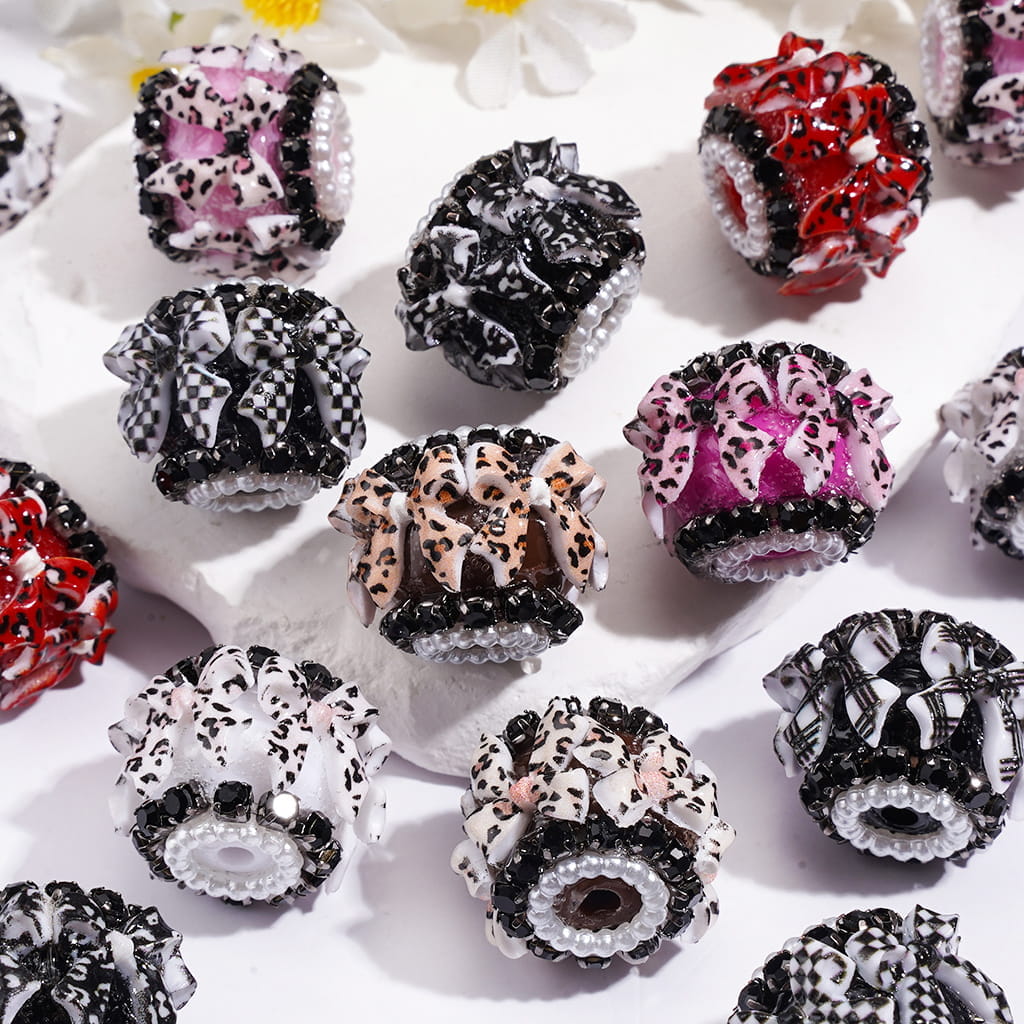 Handmade Acrylic Beads w Leopard Print Bow and Black Rhinestone Chains, White Pearl Loop, 18MM, Random Mix