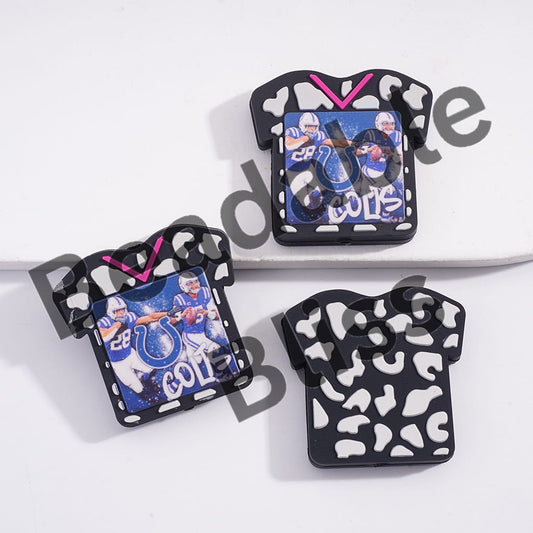 Three decorative items shaped like sports jerseys with player images on a white background.