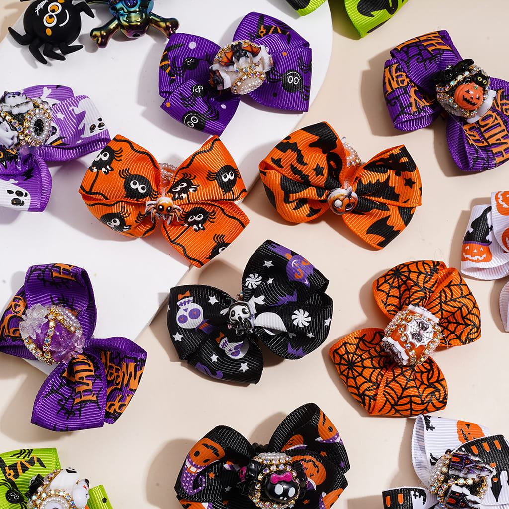 Handmade Acrylic Beads w Halloween Fabric Bow & Spooky Trim, AB Rhinestone & White Pearl Chains, Random Mix