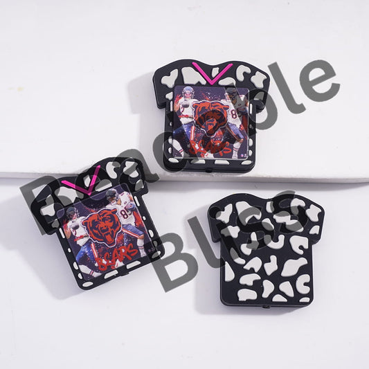 Three decorative items shaped like sports jerseys with player images on a white background.