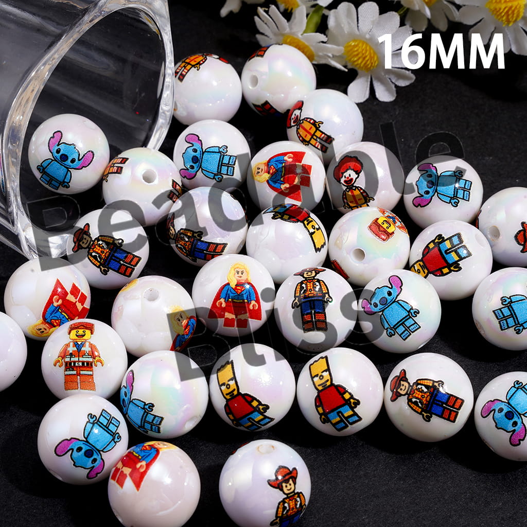 Classic Character in Cartoon Style UV Coated Acrylic Beads for Bracelets, 16MM, Random Mix