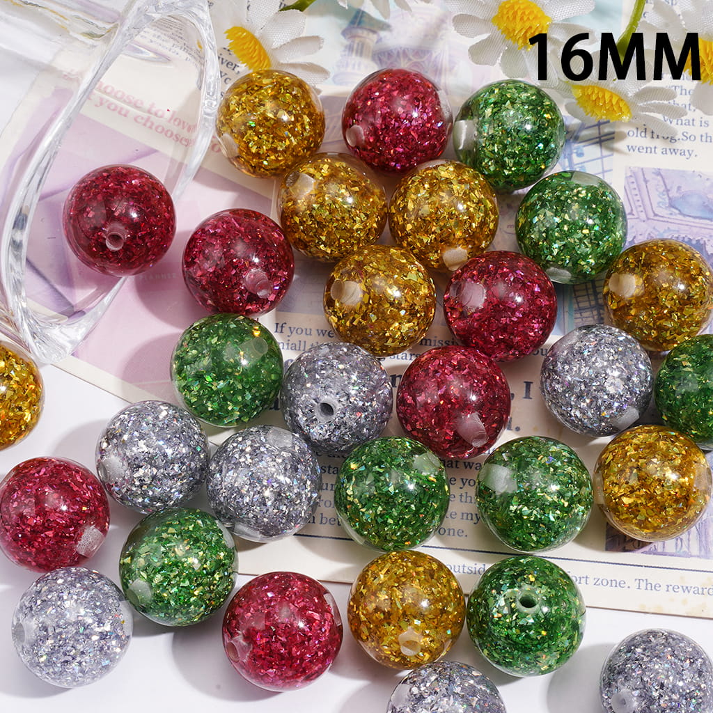 Various Broken Flake Sequin Embedded Inside Acrylic Beads for Bracelets, Semi-Clear, 16MM, Random Mix
