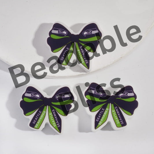 Silicone Focal Beads Bow Tie Shape with Seattle Football Pattern