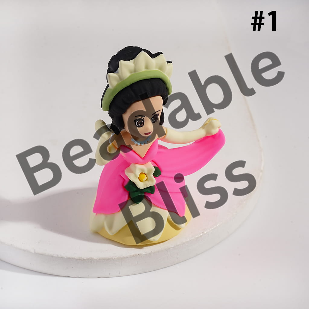 Figurine of a character in traditional attire with a pink scarf and white flowers on a white background.