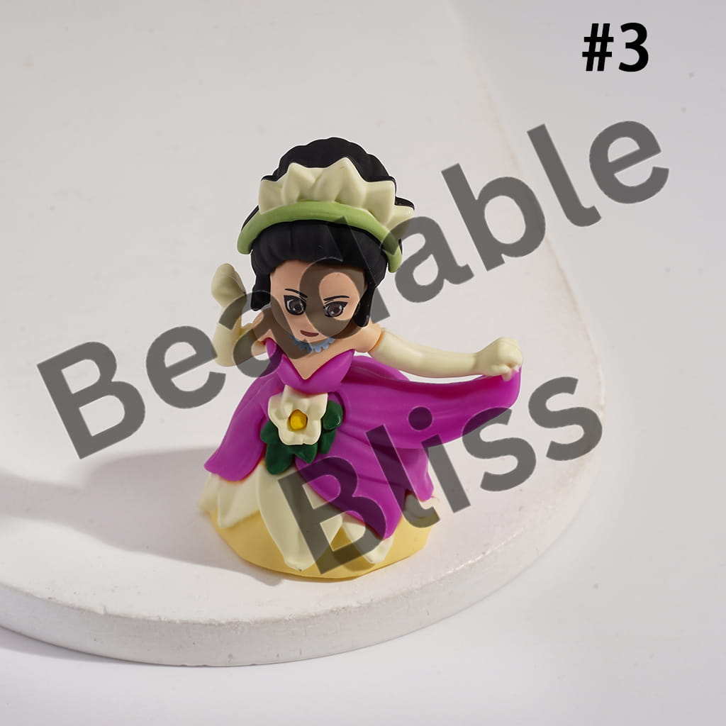 Toy figure with purple cape and floral headpiece on a white background