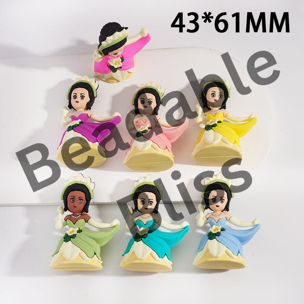 Set of six princess figurines in colorful dresses on a white background with 'handsonsupply.com' branding.