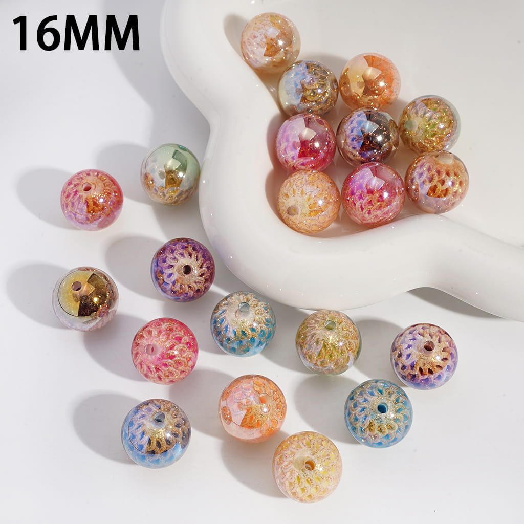 Colorful beads with a white container on a light background, labeled '16MM'.