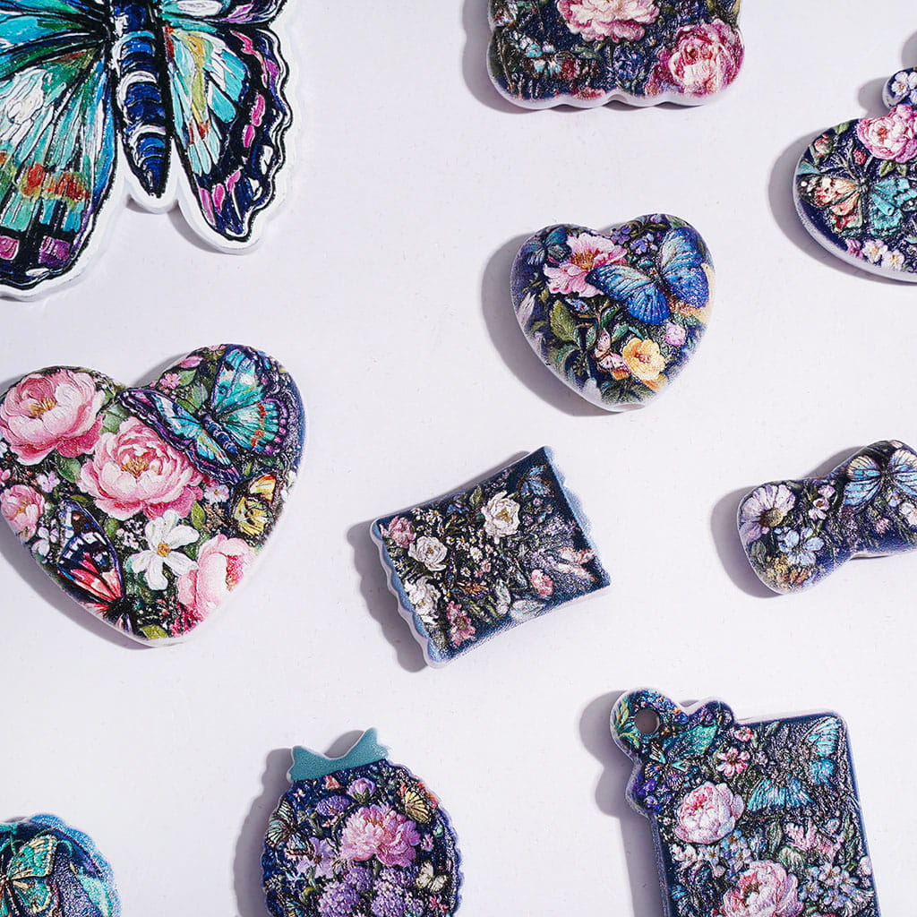 Acrylic Beads and Pendants Butterfly and Flower in Vintage Oil Painting Series, Random Mix