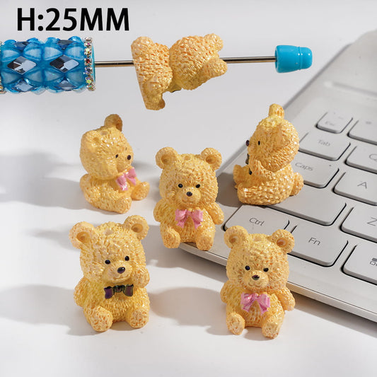 Acrylic Beads UV Coating Yellow Bear Wearing Pink & Black Bowtie on Chest, Height 25MM, Random Mix