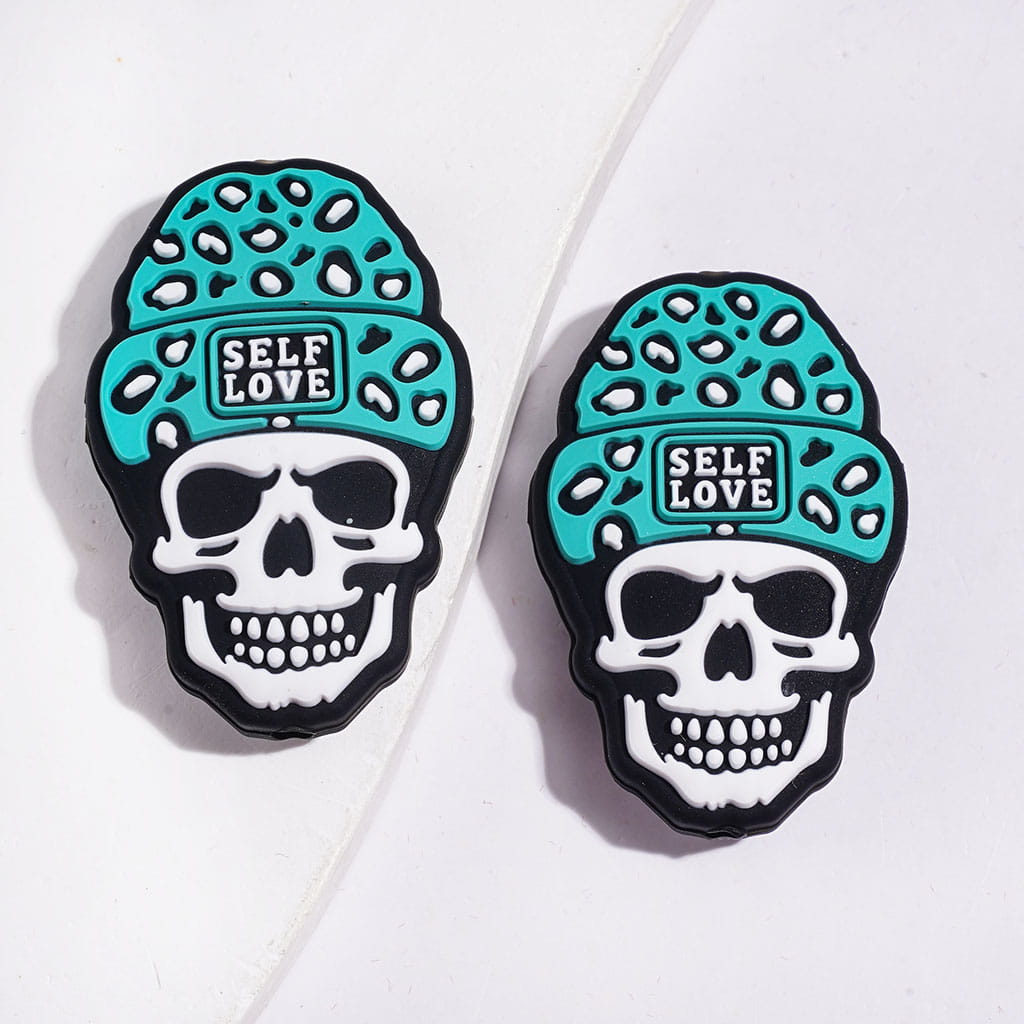 Halloween Theme Skull with Teal Rose Pink Knit Hat Silicone Foacl Beads, 23*36MM