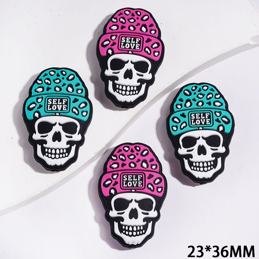 Halloween Theme Skull with Teal Rose Pink Knit Hat Silicone Foacl Beads, 23*36MM