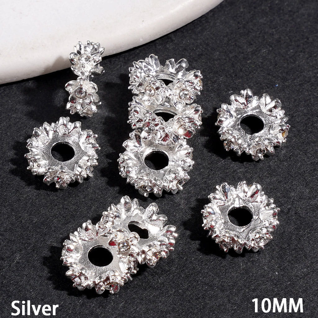 Metal Spacer Beads Five-Petaled Flower with Clear Rhinestones, 10MM, Silver and Gold