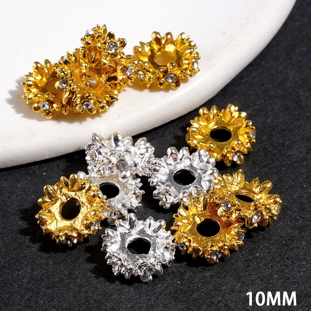 Metal Spacer Beads Five-Petaled Flower with Clear Rhinestones, 10MM, Silver and Gold