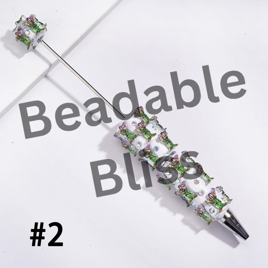 Beadable Clay Pens with White Snow Princess and Seven Gnome Elf Character, AB Rhinestones