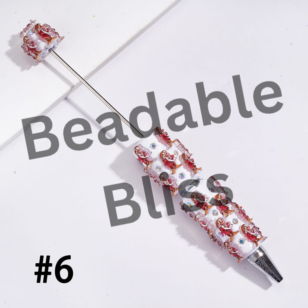 Beadable Clay Pens with White Snow Princess and Seven Gnome Elf Character, AB Rhinestones