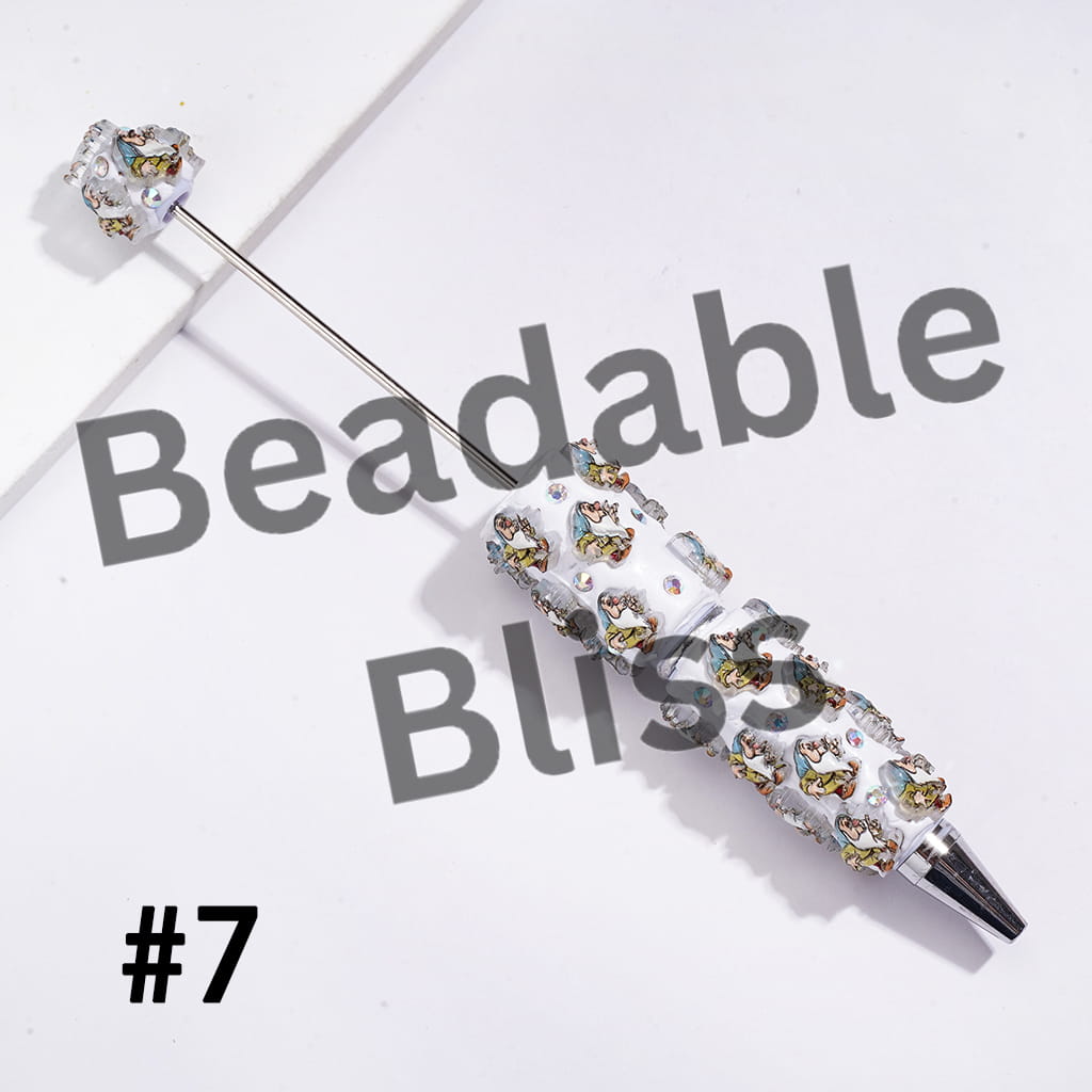 Beadable Clay Pens with White Snow Princess and Seven Gnome Elf Character, AB Rhinestones