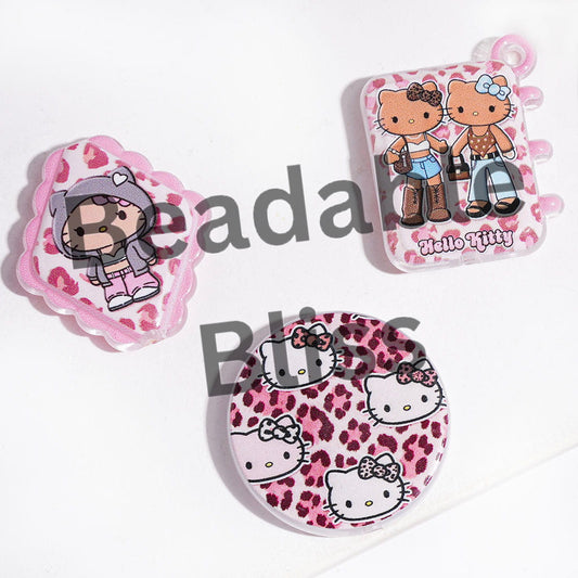 Tan Skin Cute Cat Character in Pink Leopard Series Acrylic Beads and Pendants, Random Mix