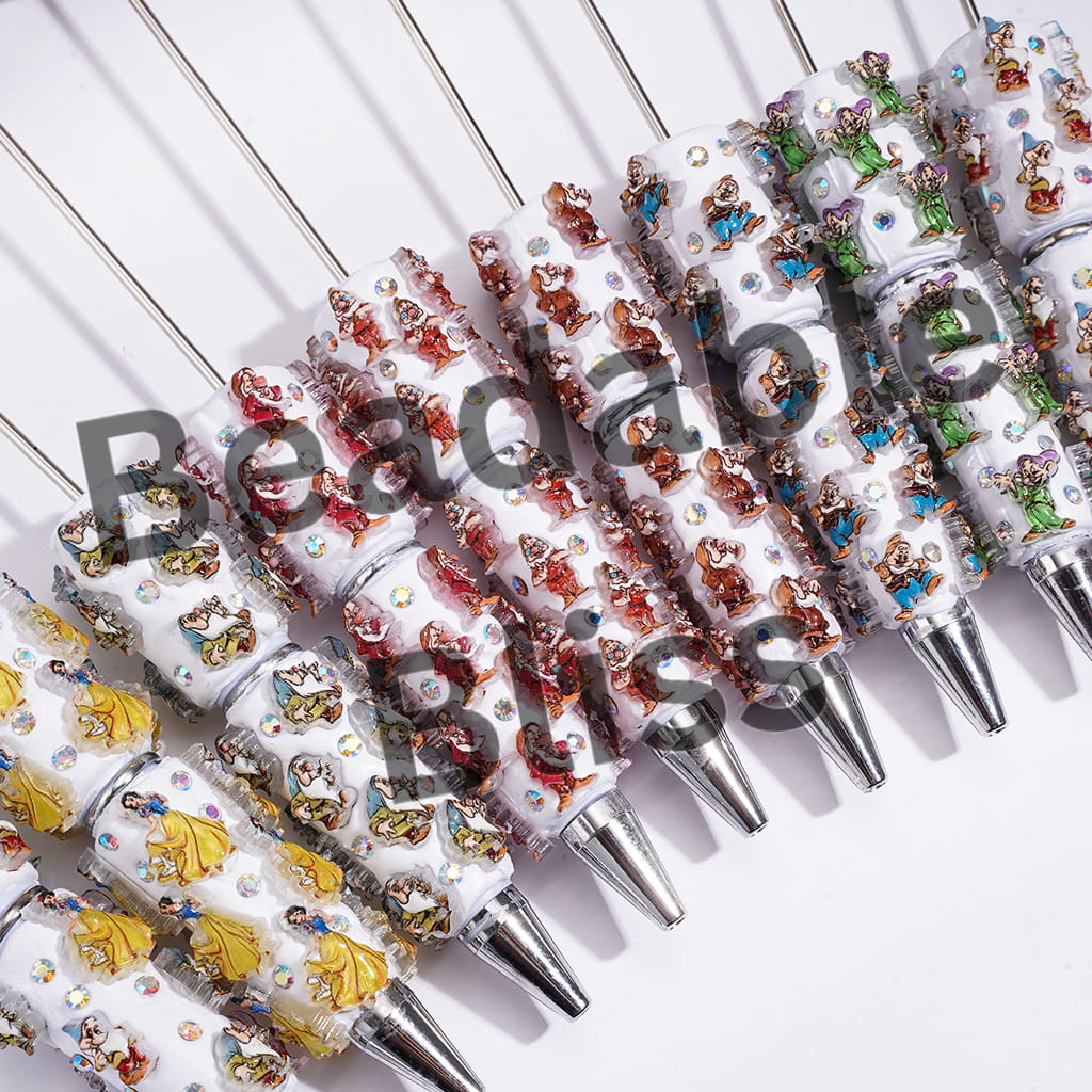 Beadable Clay Pens with White Snow Princess and Seven Gnome Elf Character, AB Rhinestones