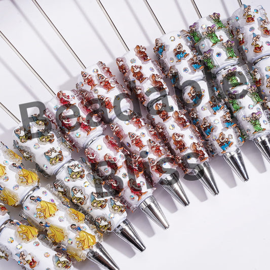 Beadable Clay Pens with White Snow Princess and Seven Gnome Elf Character, AB Rhinestones