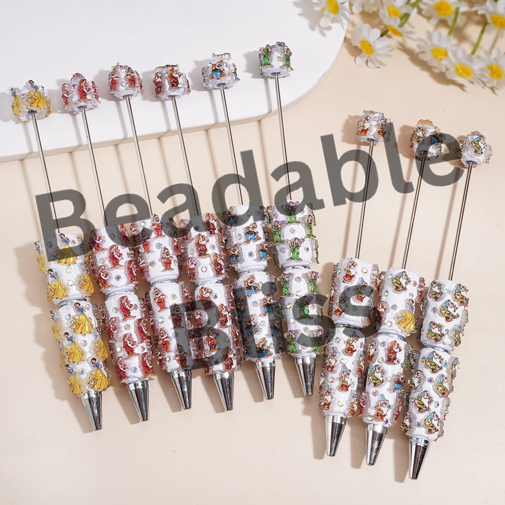 Beadable Clay Pens with White Snow Princess and Seven Gnome Elf Character, AB Rhinestones