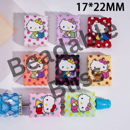 Acrylic Beads with Cute Cat Character and Polka Dots Prints, 17*22MM, Wavy-Edged Rectangular Shape, Random Mix
