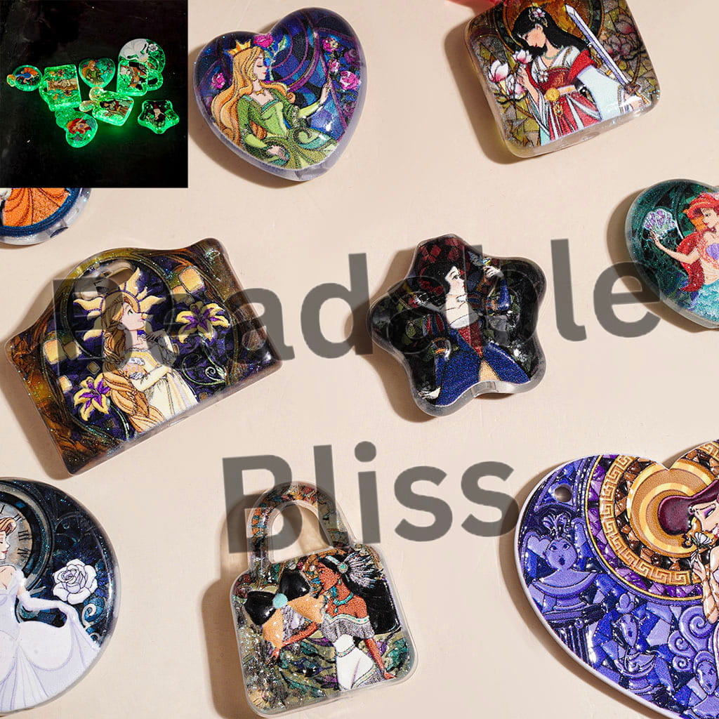 Luminous Classic Pretty Princess Character Series with Glitter Acrylic Beads and Pendants, Stained Glass Style, Random Mix