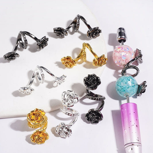 Trendy Twisted Spiral Metal Beads with Rose Flower, Large Hole, Jewelry Accessories, Multi-Color