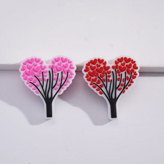 Silicone Focal Beads Red and Pink Heart Tree Valentine's Day Theme