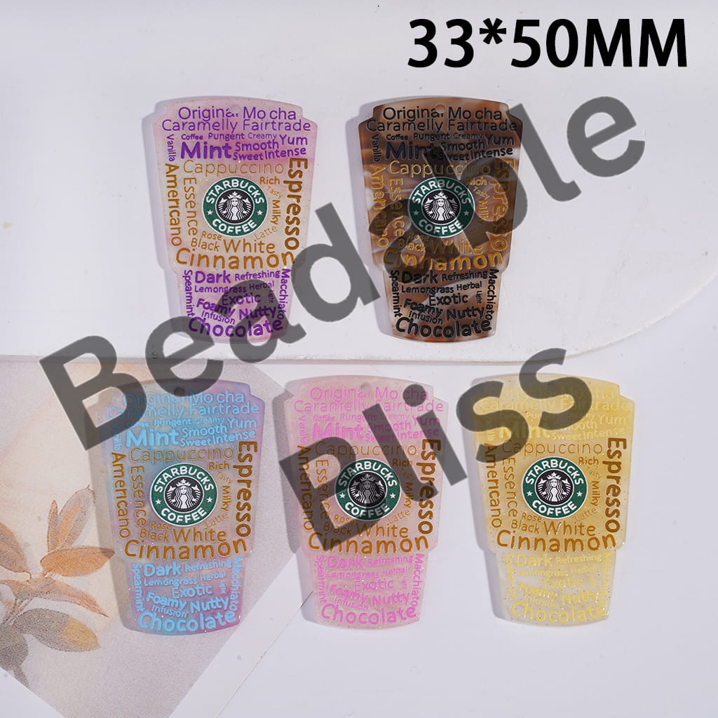 Starbucks coffee cup-shaped beads with various flavors on a white background