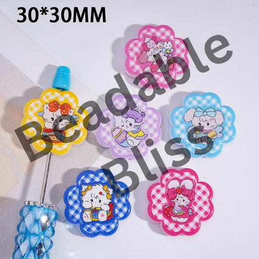 Acrylic Beads Japanese Sweet Girl Illustration Series, w Cat Bunny on Checkered Background, 30*30MM, Flower Shape, Random Mix