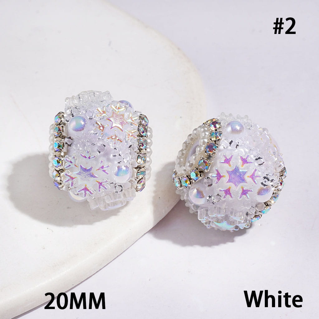 Handmade Acrylic Sugar Beads with Cone Shaped Rhinestones, UV-Coated Snowflake Star and Half-Shell White Pearl, AB Rhinestone and White Pearl Chains, 20MM Multi-Color
