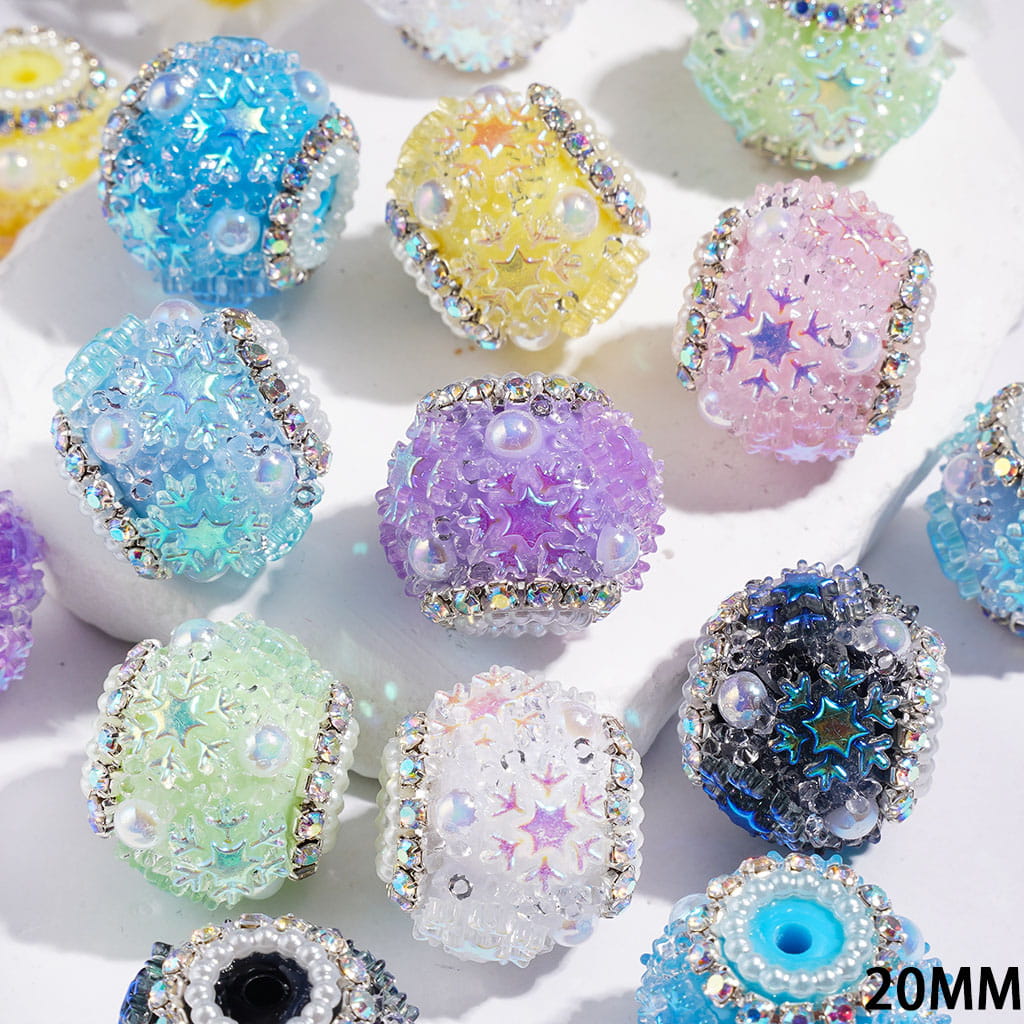Handmade Acrylic Sugar Beads with Cone Shaped Rhinestones, UV-Coated Snowflake Star and Half-Shell White Pearl, AB Rhinestone and White Pearl Chains, 20MM Multi-Color