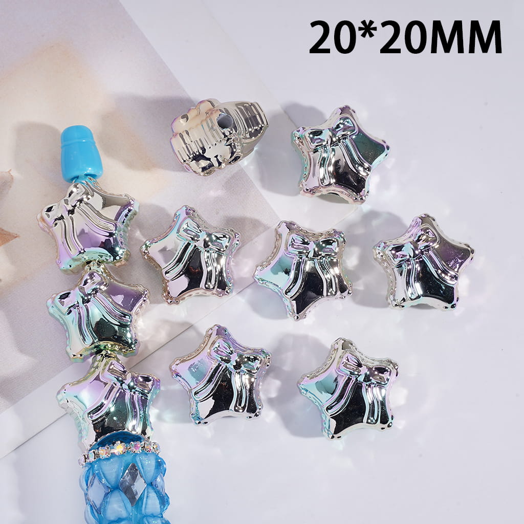 Star-shaped metallic beads with blue accents on a white background, labeled 20*20MM.