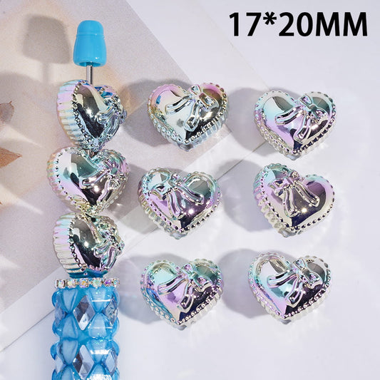 Acrylic Beads Laser Galaxy Iridescent Holographic Metallic Silver Color Heart with Bowtie, 17*20MM