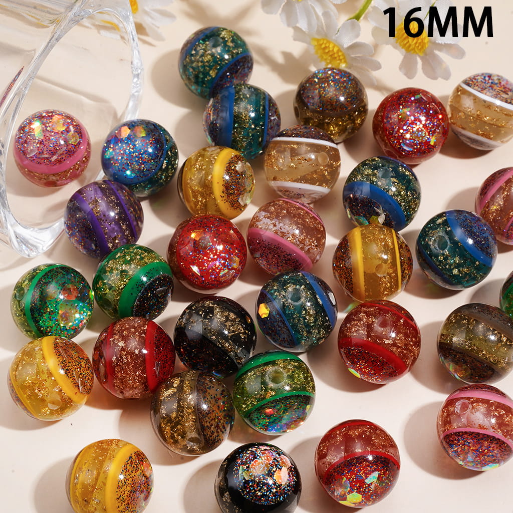 Holographic Gold Foil Paper & Glitter Filled Acrylic Beads for Bracelets or Necklaces, 16MM, Random Mix