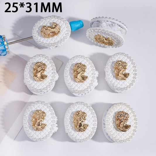 Clay Beads with Alloy Oval Shape Gold Duchess Portrait & White Pearls, w UV Coating Rose Flowers,  25*31MM