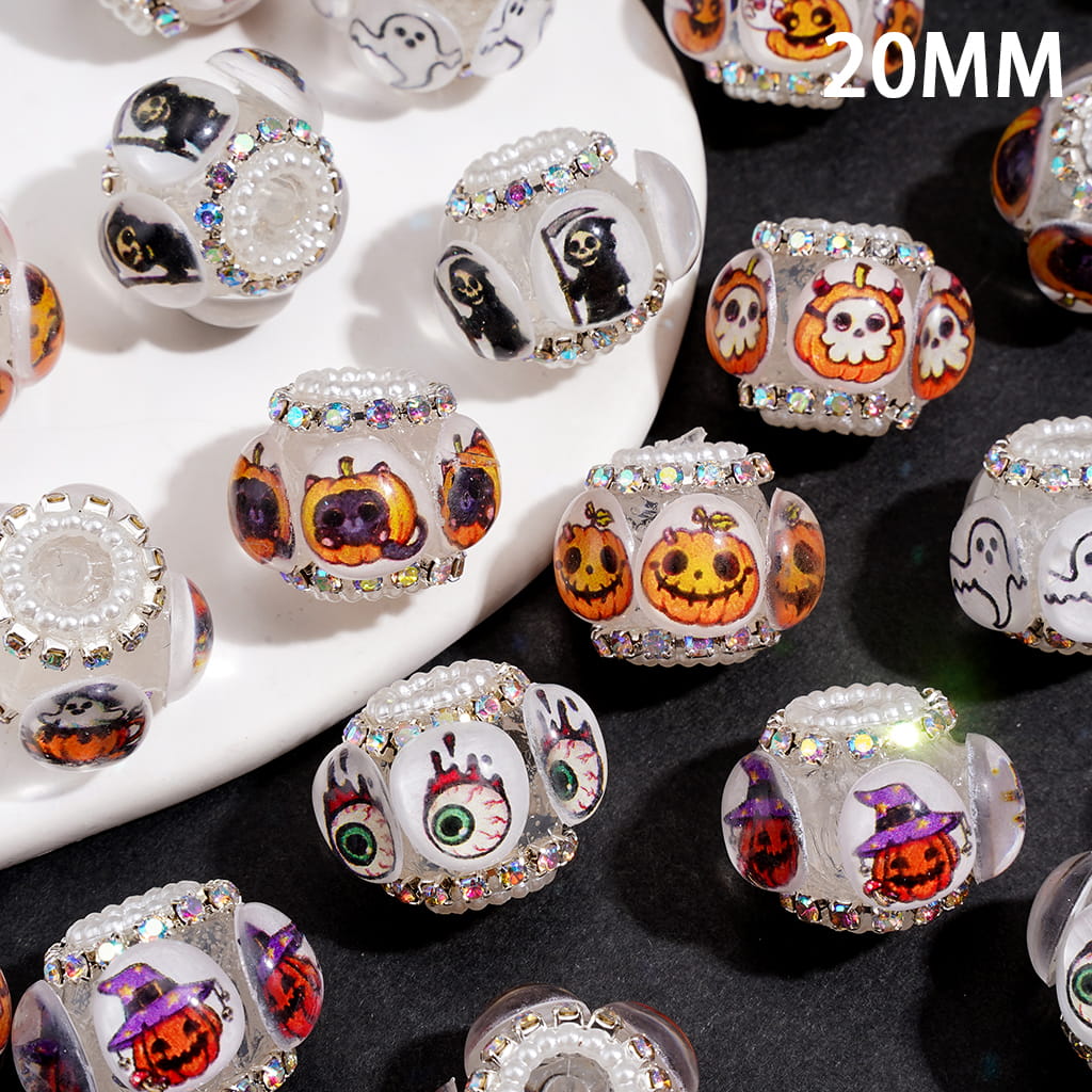 Handmade Acrylic Beads w Halloween Spooky Printed Clear Rhinestones, AB Rhinestone & White Pearl Chains, 20MM, Random Mix