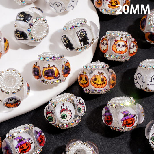 Handmade Acrylic Beads w Halloween Spooky Printed Clear Rhinestones, AB Rhinestone & White Pearl Chains, 20MM, Random Mix
