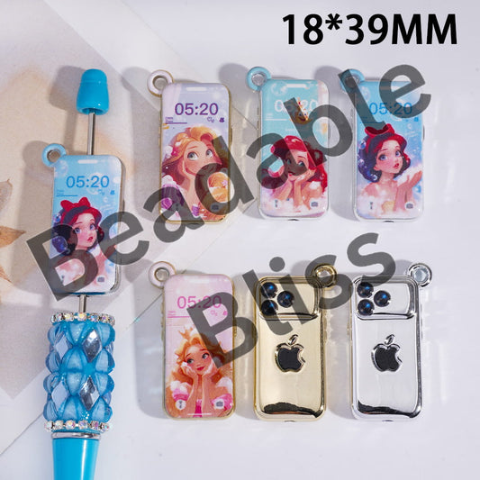 Acrylic Beads Charm Pendant Phone Series with Pretty Princess Pattern, 18*39MM, Gold and Silver, Random Mix