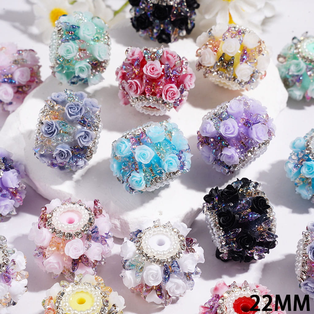 Handmade Acrylic Beads with Rose Flower Gradient Butterfly, Clear Rhinestone and White Pearl Chains, 22MM Multi-Color (Please Read the Description)