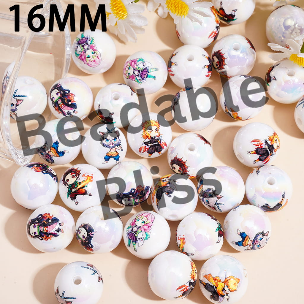 Acrylic Beads for Bracelets UV Coating Japanese Cosplay Style in Various Designs, 16MM, Random Mix