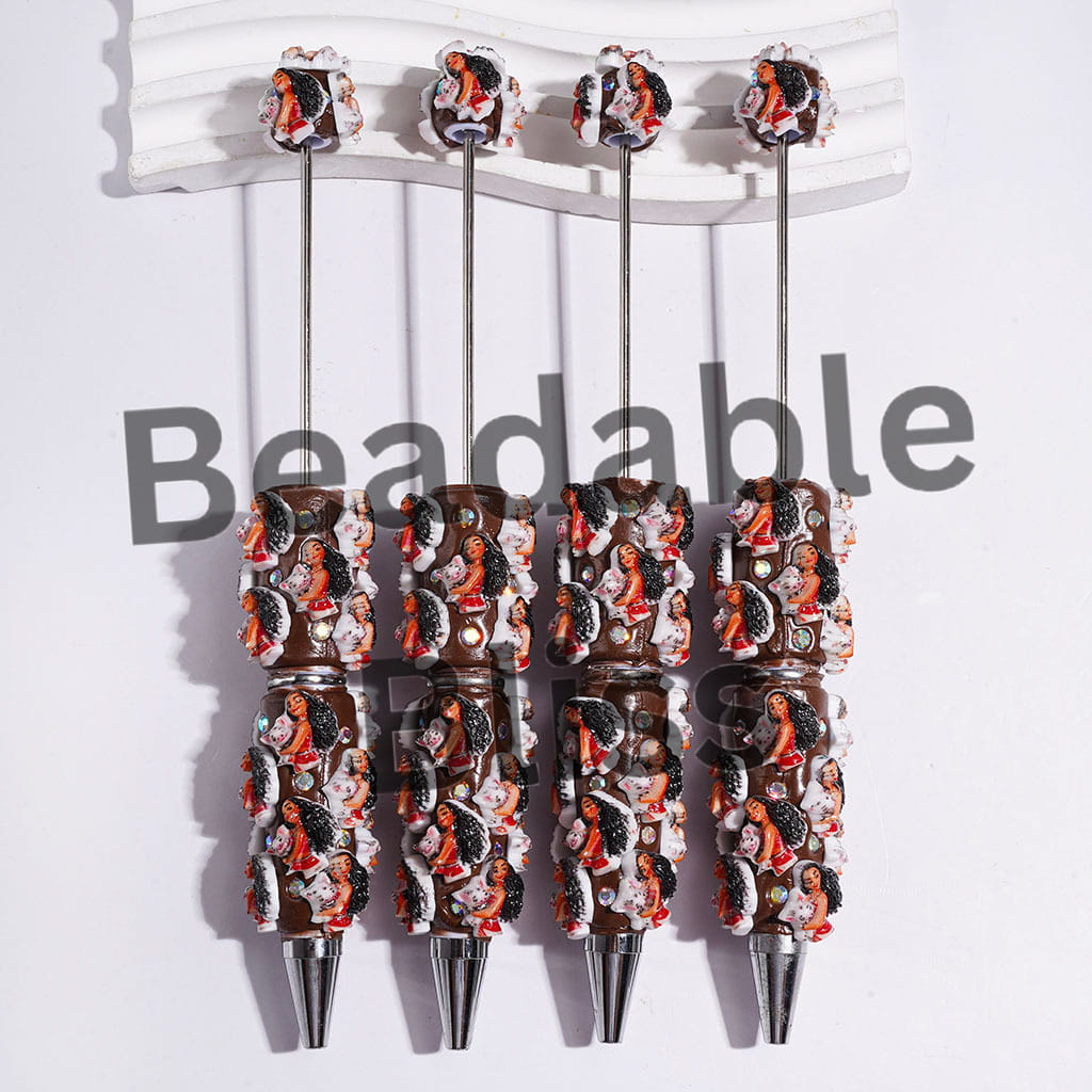 Beadable Clay Pens Long Haired Girl Holding Pig and AB Rhinestones on Brown Background
