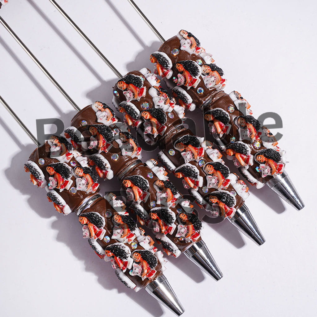 Beadable Clay Pens Long Haired Girl Holding Pig and AB Rhinestones on Brown Background