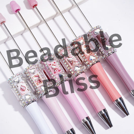 Handmade Beadable Pens w Poker-Themed Cute Cat Character Print, Shiny Clear Heart Rhinestones & AB Rhinestone Chains