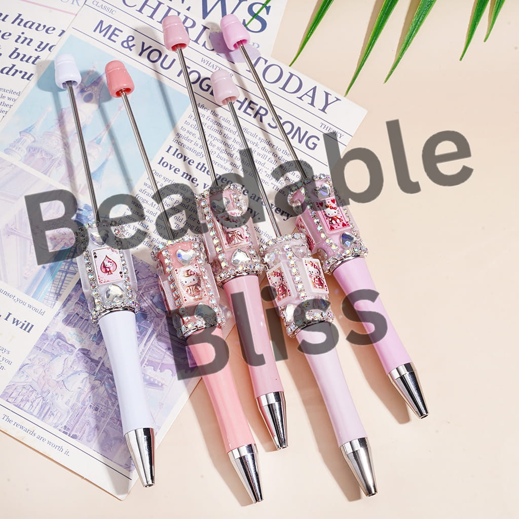 Beadable Pens w Poker-Themed Cute Cat Character Print, Shiny Clear Heart Rhinestones & AB Rhinestone Chains