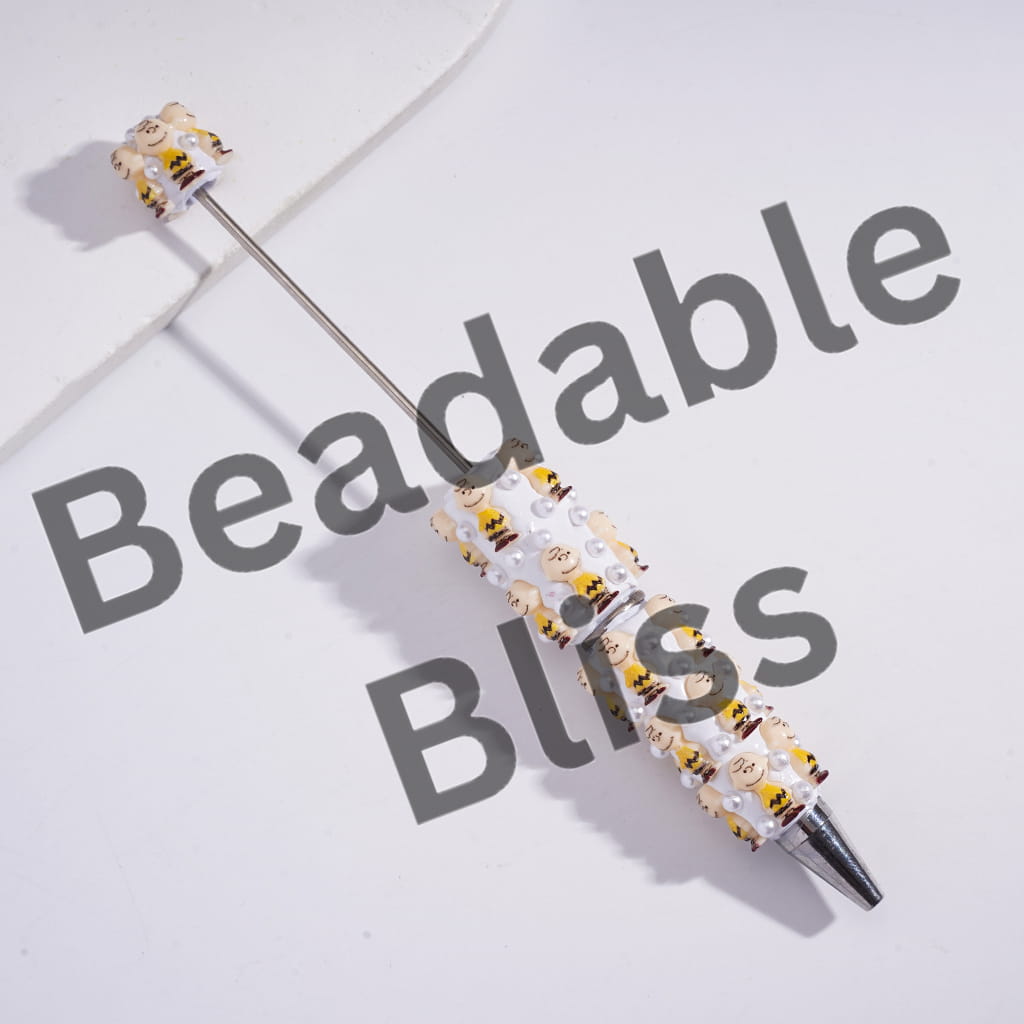 Beadable Clay Pens with White Pearls and Bald Boy Character Wearing Yellow T-Shirt