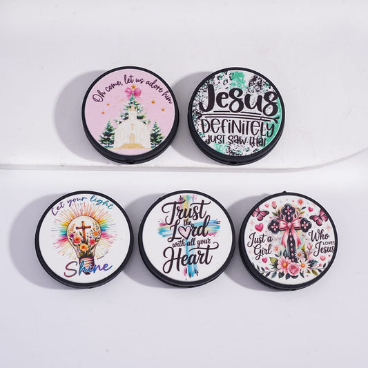 Set of round decorative items with inspirational quotes and designs on a white background